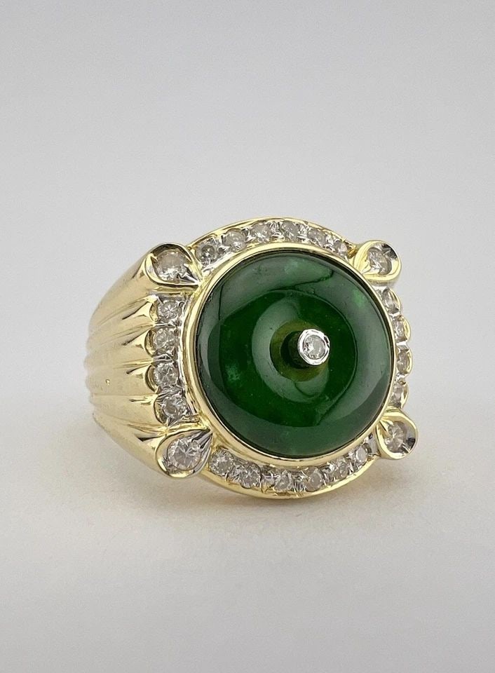 ANTIQUE OLD CHINESE 18K YELLOW GOLD IMPERIAL GREEN JADE DISK & DIAMOND MENS RING (1 of 2)