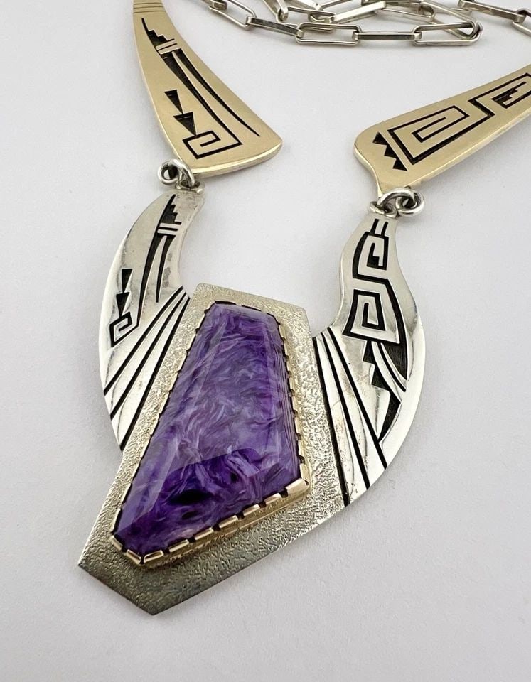 RARE PHILBERT POSEYESVA HOPI STERLING SILVER 14K GOLD CHAROITE OVERLAY NECKLACE: RARE PHILBERT POSEYESVA HOPI STERLING SILVER 14K GOLD CHAROITE OVERLAY NECKLACE RARE Philbert Poseyesva Hopi Sterling Silver 14k Gold Charoite Overlay Necklace Necklace Size: 17" Long Tip To Tip - Adj