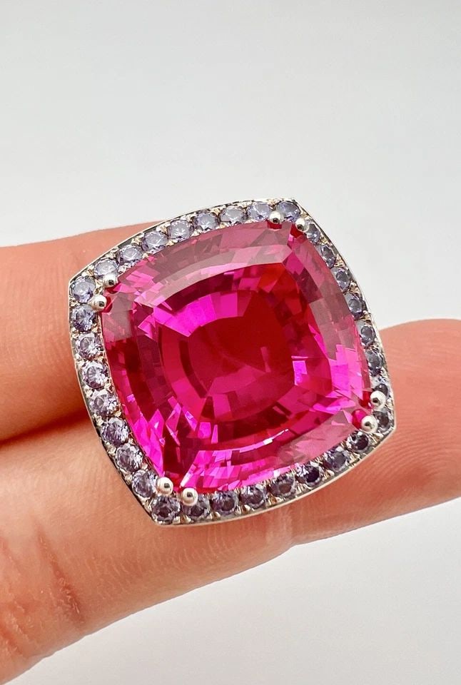 18K WHITE GOLD 30CT CUSHION LAB CREATED PINK SAPPHIRE & TANZANITE HALO PENDANT (1 of 2)