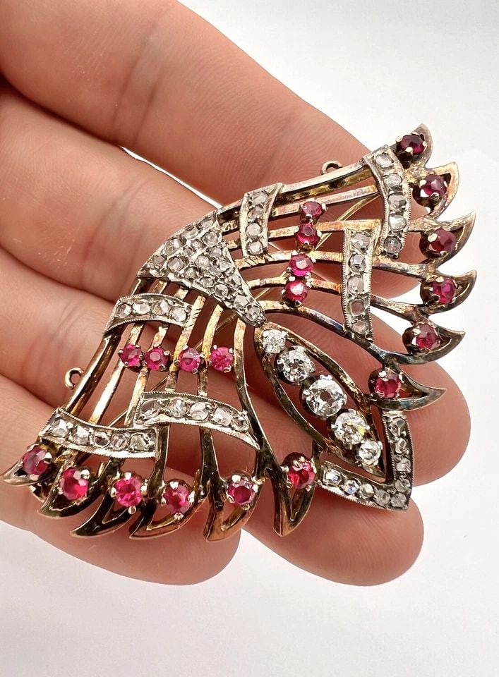 ANTIQUE VICTORIAN GOLD 3.00TCW ROSE CUT DIAMOND & RUBY BROOCH PENDANT 17.2G: ANTIQUE VICTORIAN GOLD 3.00TCW ROSE CUT DIAMOND & RUBY BROOCH PENDANT 17.2G Antique Victorian 14k Yellow Gold 3.00tcw Rose Cut Diamond & Ruby Brooch Pendant Size: 1 5/8" Tall By Over 2 1/2" Wide Metal