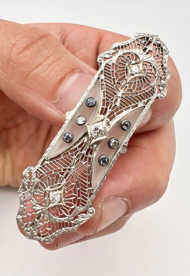 ANTIQUE ART DECO 14K GOLD & PLATINUM SAPPHIRE & DIAMOND & ROCK QUARTZ BROOCH PIN (1 of 2)