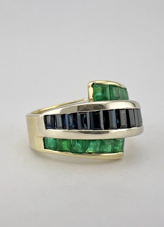 14K YELLOW GOLD EMERALD & SAPPHIRE BAGUETTE PRINCESS CUT CHANNEL SET BYPASS RING (1 of 2)