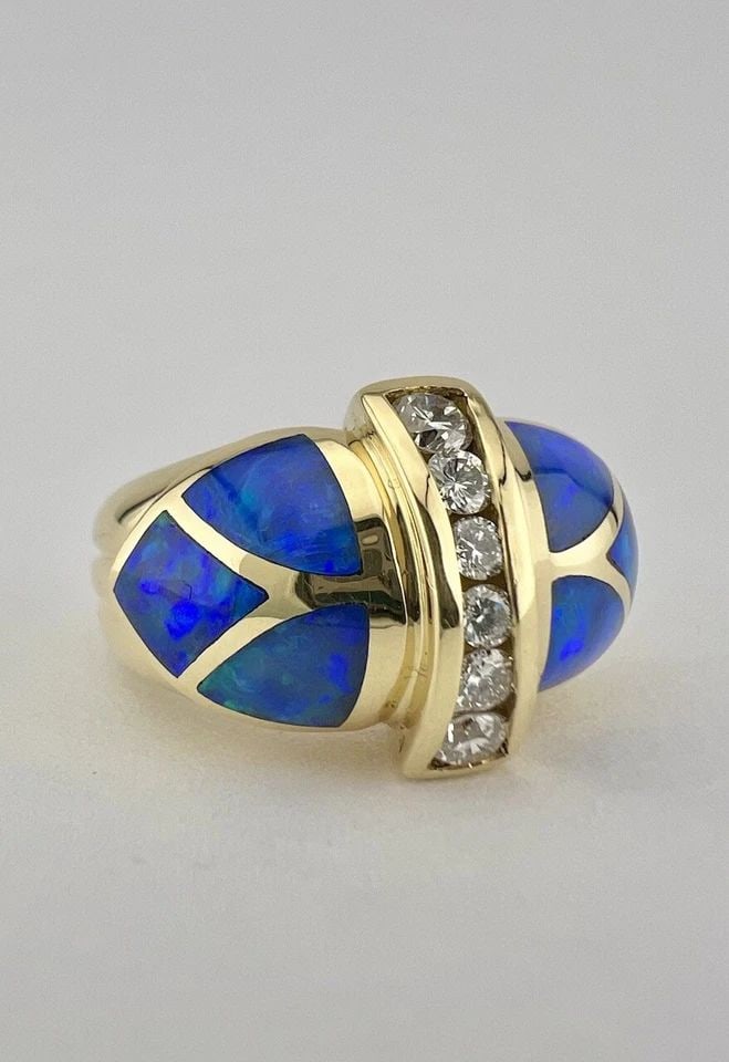 BAGLEY & HOTCHKISS 18K YELLOW GOLD BLACK OPAL INLAY & DIAMOND RING 12.5G (1 of 2)
