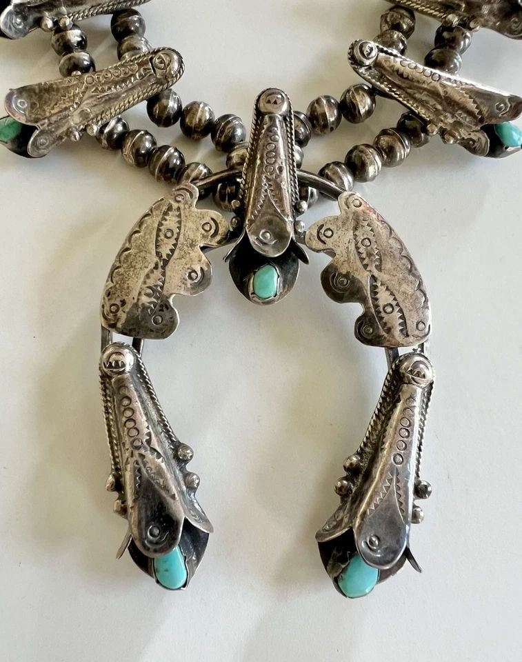 VTG NAVAJO STERLING SILVER FOX TURQUOISE STAMPED SQUASH BLOSSOM NECKLACE 25.5": Vtg Navajo Sterling Silver Fox Turquoise Stamped Squash Blossom Necklace 25.5" This Amazing necklace features huge specimens of Natural High-Grade Fox Turquoise, secure in a Smooth bezel, and Inside a