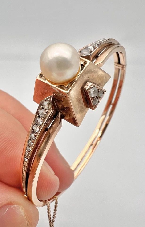 ANTIQUE VICTORIAN 14K ROSE GOLD ROSE CUT DIAMONDS & 8MM PEARL BANGLE BRACELET (1 of 2)