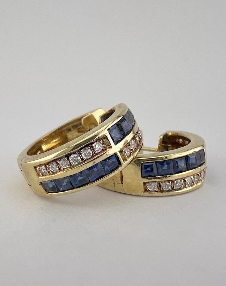 FINE 14K YELLOW GOLD CHANNEL SET BAGUETTE SAPPHIRE & DIAMOND HOOP POST EARRINGS (1 of 2)
