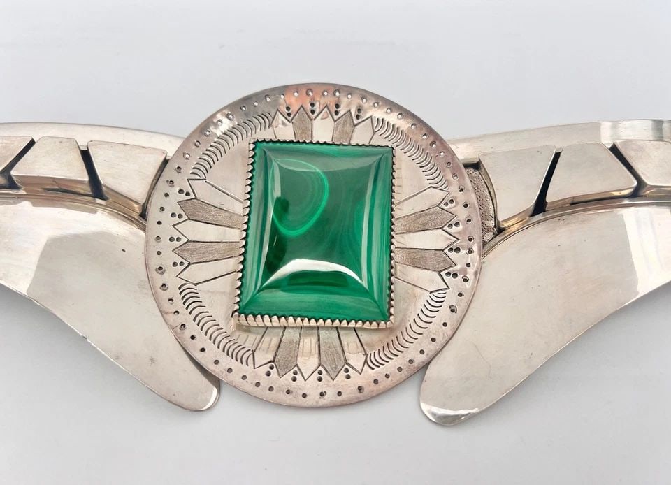 404G MASSIVE 15" NAVAJO ANDY MARION STERLING SILVER MALACHITE SHIELD BELT BUCKLE (1 of 2)