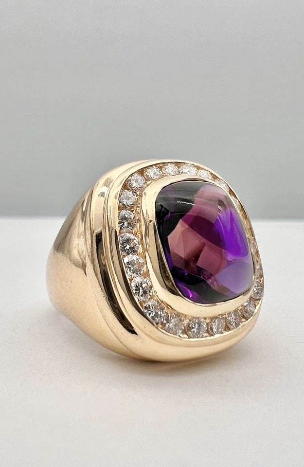 DESIGNER 14K YELLOW GOLD NATURAL CABOCHON AMETHYST & DIAMOND HALO RING 14.3G (1 of 2)
