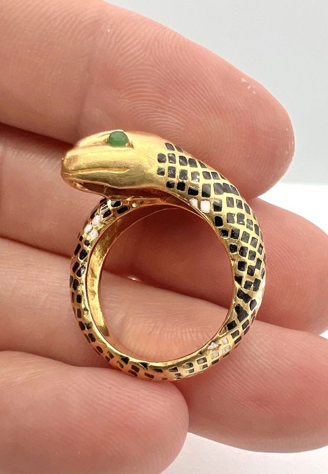 ANTIQUE 14K YELLOW GOLD ENAMEL & DIAMOND COILED SNAKE SERPENT WRAPPED RING 11.4G (1 of 2)
