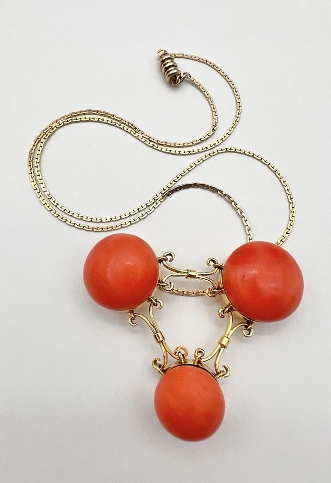 ANTIQUE VICTORIAN ETRUSCAN 14K YELLOW GOLD NATURAL SALMON CORAL NECKLACE 22.5G (1 of 2)