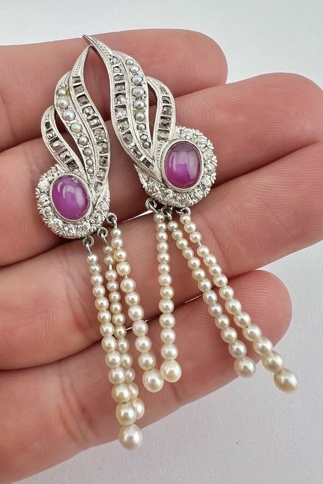 ART DECO PLATINUM OLD CUT DIAMOND CABOCHON STAR RUBY SEED PEARL DANGLE EARRINGS: ART DECO PLATINUM OLD CUT DIAMOND CABOCHON STAR RUBY SEED PEARL DANGLE EARRINGS Antique Art Deco Platinum Old Cut Diamond Cabochon Star Ruby Seed Pearl Dangle Earrings Size: 2 5/8" Tall With Dangle By