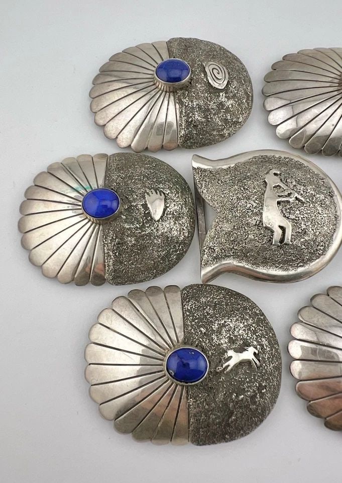 FOSTER YAZZIE NAVAJO STERLING SILVER LAPIS LAZULI PETROGLYPH CONCHO BELT 376.5G (1 of 2)