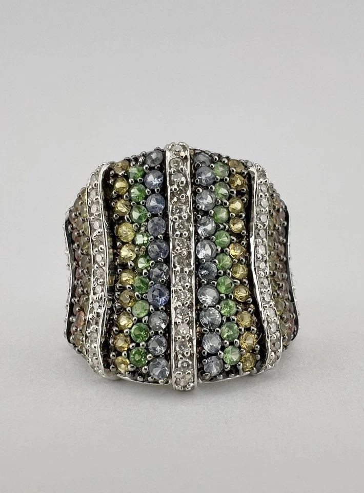 DESIGNER 14K WHITE GOLD PAVE RAINBOW MULTI COLOR SAPPHIRE & DIAMOND RING 10.7G (1 of 2)