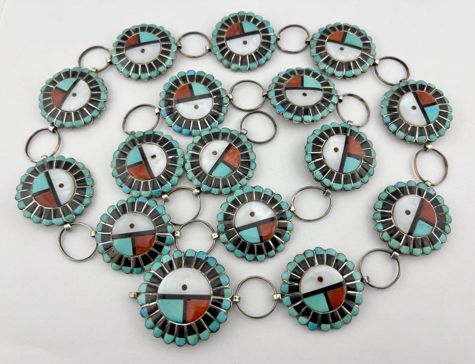 VTG ROGER & LELA CELLICION STERLING SILVER MULTI GEM'S SUNFACE CONCHO BELT 36.5" (1 of 2)