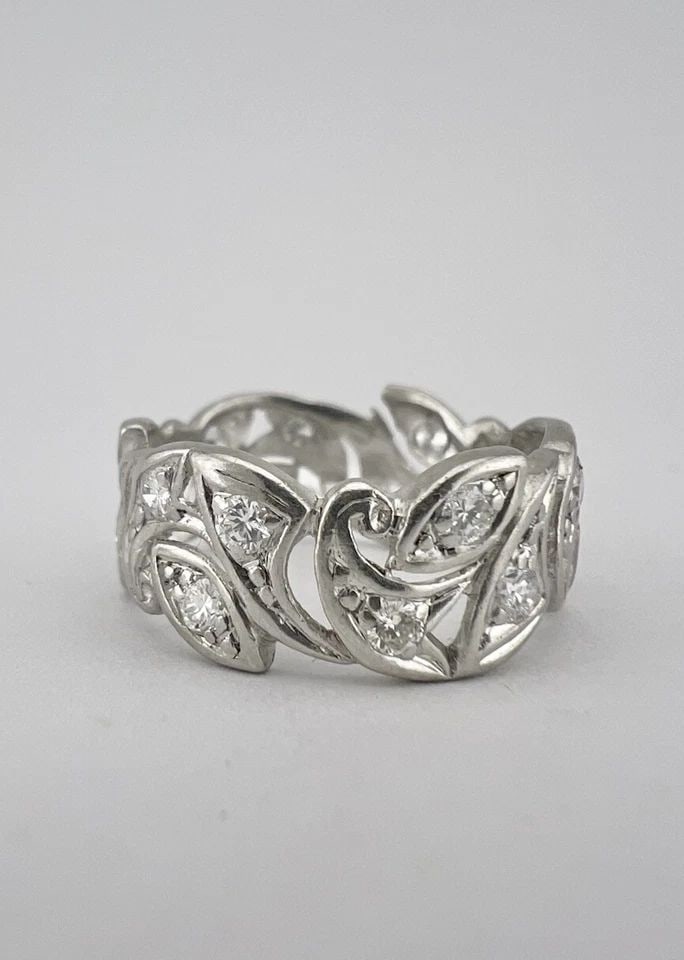 ANTIQUE ART NOUVEAU PLATINUM OLD ROSE CUT DIAMOND ETERNITY FILIGREE BAND RING: ANTIQUE ART NOUVEAU PLATINUM OLD ROSE CUT DIAMOND ETERNITY FILIGREE BAND RING Antique Art Nouveau Platinum Old Rose Cut Diamond Eternity Filigree Band Ring Ring Size: 5.25 Range & is 7.5mm Wide Metal: