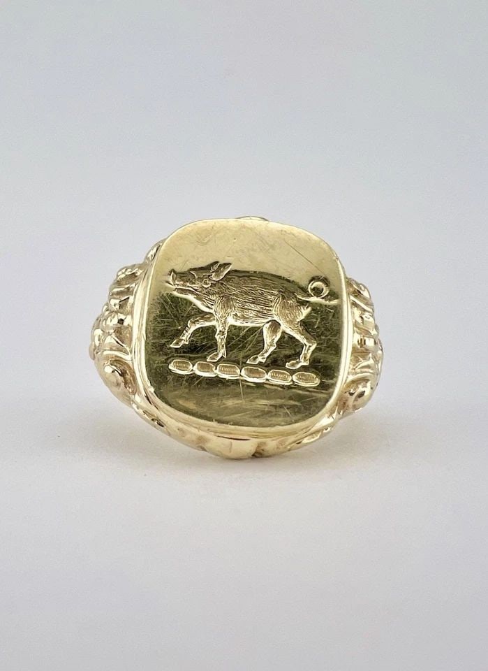 ANTIQUE VICTORIAN 9CT 9K YELLOW GOLD ENGRAVED PIG BOAR SIGNET MEN'S RING 9.4G (1 of 2)