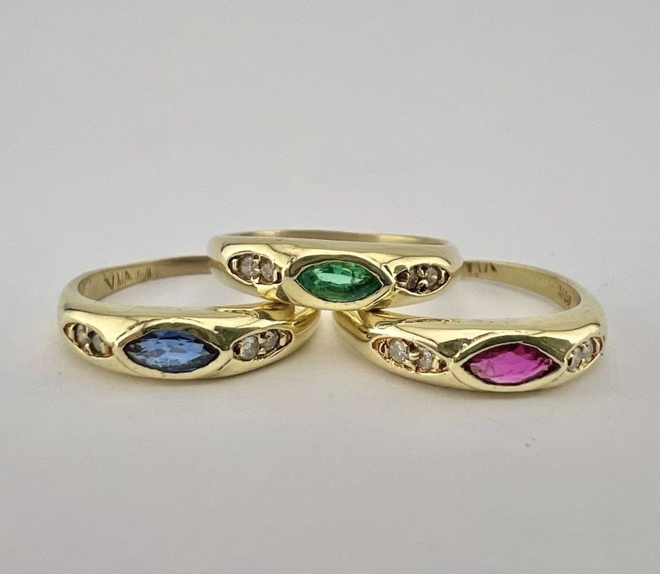 3 - ANTIQUE 14K YELLOW GOLD EMERALD & SAPPHIRE & RUBY DIAMOND STACKING BAND RING (1 of 2)