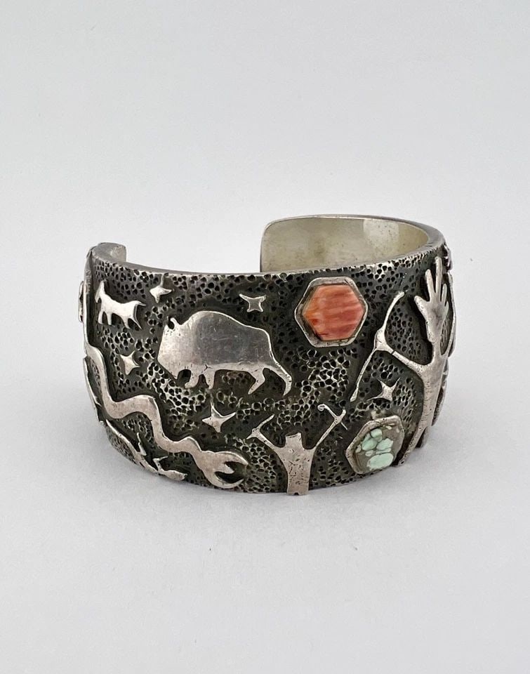 VTG DANNY ROMERO YAQUI STERLING SILVER MULTI GEM PICTOGRAPH CUFF BRACELET 125.7G (1 of 2)
