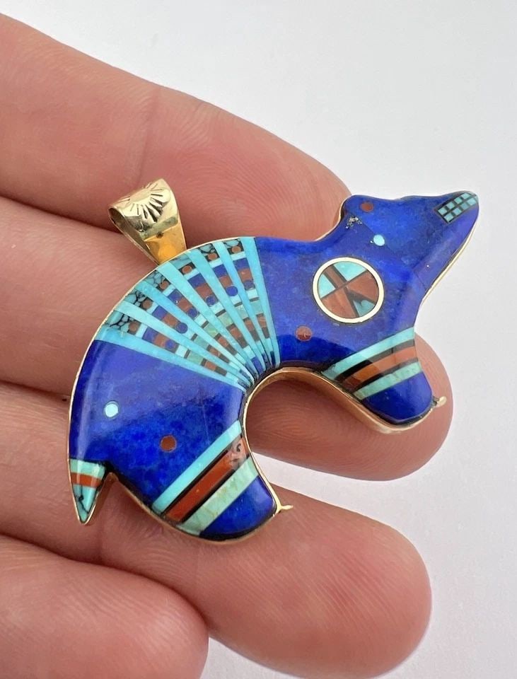 #2 VTG NAVAJO 14K YELLOW GOLD NATURAL MULTI GEMSTONE MICRO MOSAIC BEAR PENDANT (1 of 2)