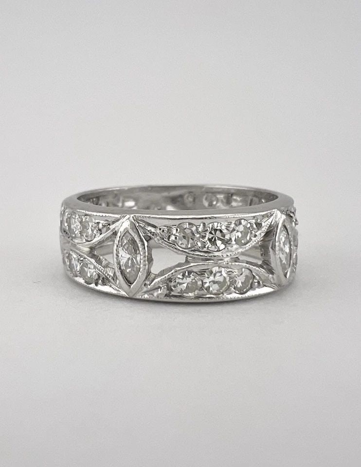 ART DECO PLATINUM 1.10TCW APPROX MARQUISE ROUND CUT DIAMOND ETERNITY BAND RING: ART DECO PLATINUM 1.10TCW APPROX MARQUISE ROUND CUT DIAMOND ETERNITY BAND RING Antique Art Deco Platinum 1.10tcw Approx Marquise Round Cut Diamond Eternity Band Ring Ring Size: 7 & is Just Under 7mm W