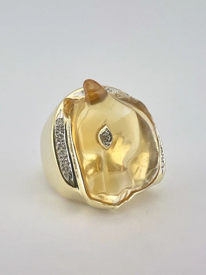 14K YELLOW GOLD CARVED CITRINE HORSE & DIAMOND EQUESTRIAN HORSESHOE RING - 14.2G (1 of 2)