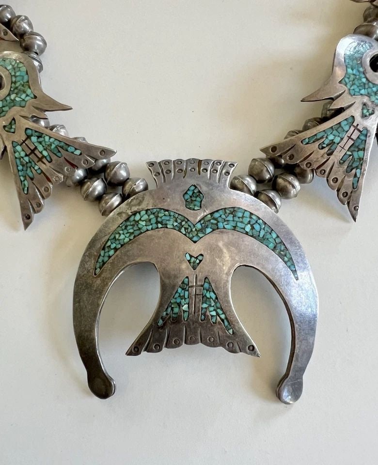 238.3G NAVAJO STERLING SILVER CHIP TURQUOISE PEYOTE BIRD SQUASH BLOSSOM NECKLACE (1 of 2)