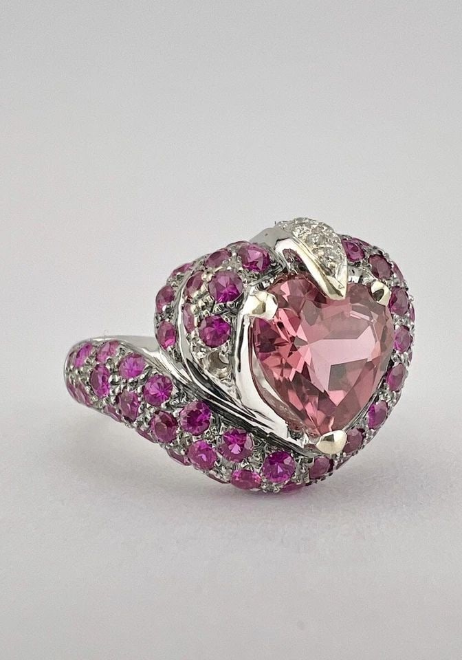 LEVIAN 14K WHITE GOLD HEAR SHAPED PINK TOURMALINE & RUBY & DIAMOND RING (1 of 2)