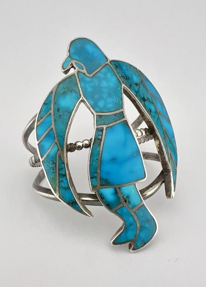 HUGE RARE ZUNI COIN SILVER FLUSH TURQUOISE KACHINA EAGLE DANCER CUFF BRACELET (1 of 2)