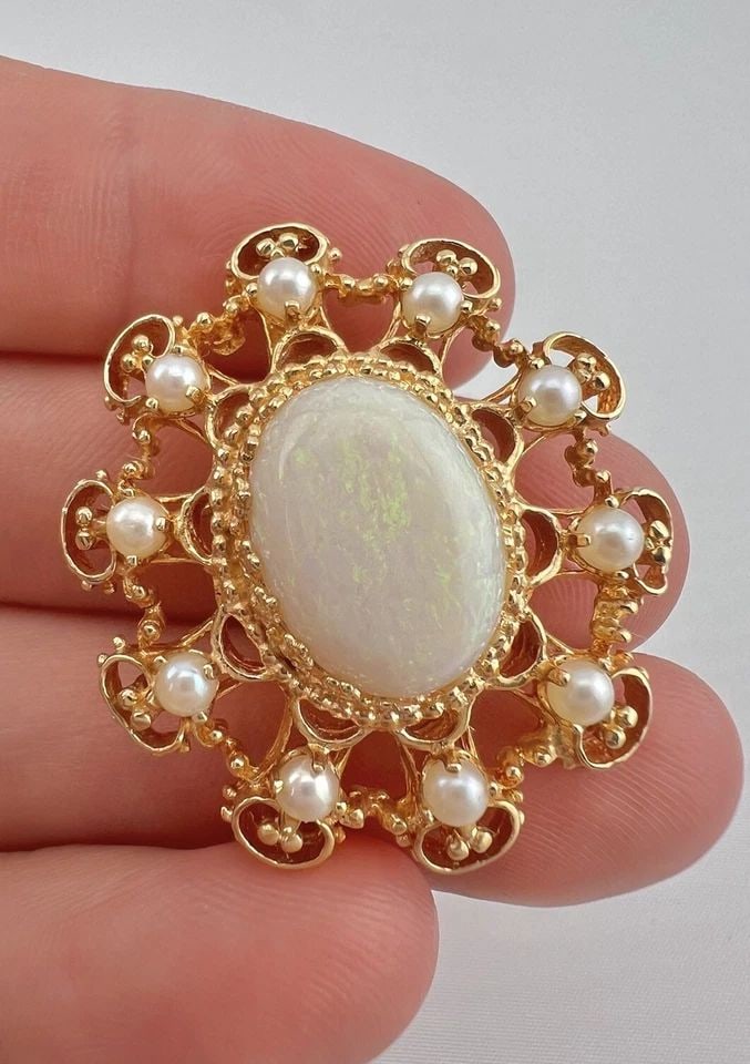 ANTIQUE ETRUSCAN 14K YELLOW GOLD AUSTRALIAN FIRE OPAL & PEARL BROOCH PENDANT: ANTIQUE ETRUSCAN 14K YELLOW GOLD AUSTRALIAN FIRE OPAL & PEARL BROOCH PENDANT Antique Etruscan 14k Yellow Gold Australian Fire Opal & Pearl Brooch Pendant Size: Almost 1 1/2" Tall By 1 1/4" Wide Metal: