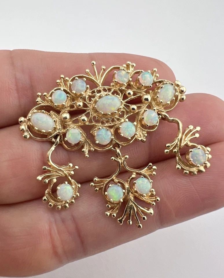 VTG ETRUSCAN 14K YELLOW GOLD AUSTRALIAN FIRE OPAL FILIGREE DANGLE BROOCH PENDANT (1 of 2)