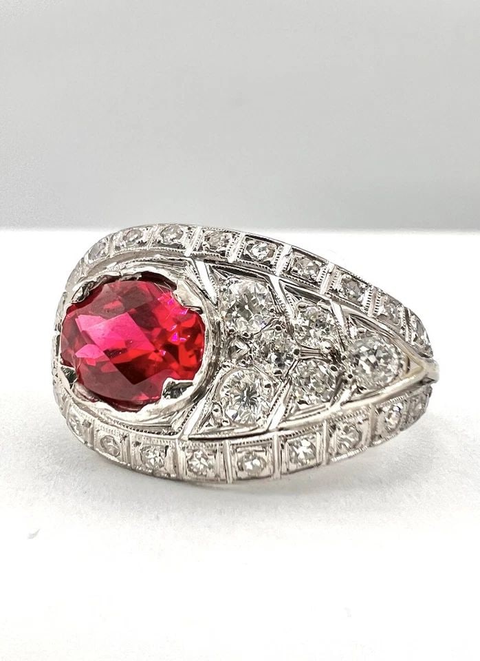 ANTIQUE DECO PLATINUM VS EUROPEAN CUT DIAMOND BRIOLETTE LAB CREATED RUBY RING: ANTIQUE DECO PLATINUM VS EUROPEAN CUT DIAMOND BRIOLETTE LAB CREATED RUBY RING Antique Art Deco Platinum VS European Cut Diamond Briolette Synthetic Lab Created Ruby Ring Ring Size: 7.25 - Can Be Re Si