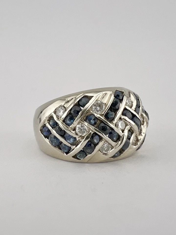 DESIGNER 14K WHITE GOLD CHANNEL SET SAPPHIRE & DIAMOND WOVEN DESIGN DOME RING (1 of 2)