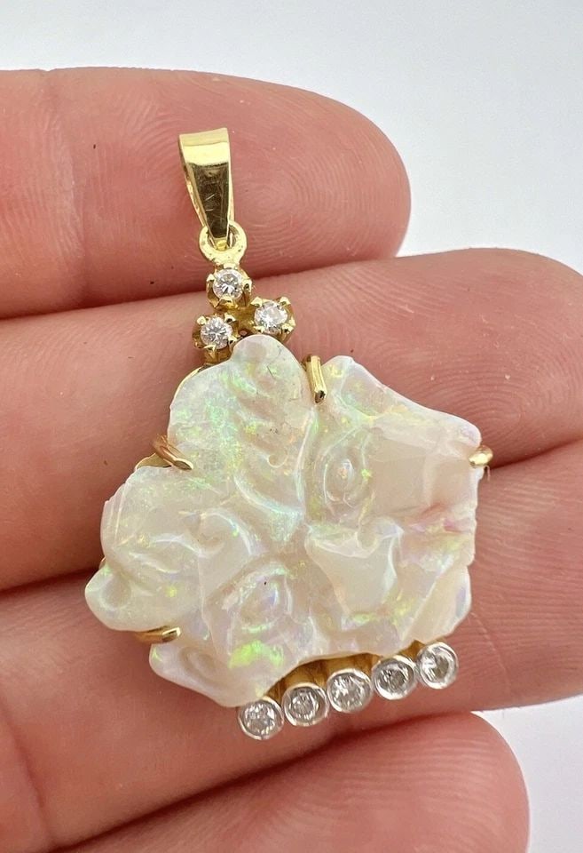 18K YELLOW GOLD CARVED DEMON FACE AUSTRALIAN FIRE OPAL & DIAMOND DANGLE PENDANT (1 of 2)