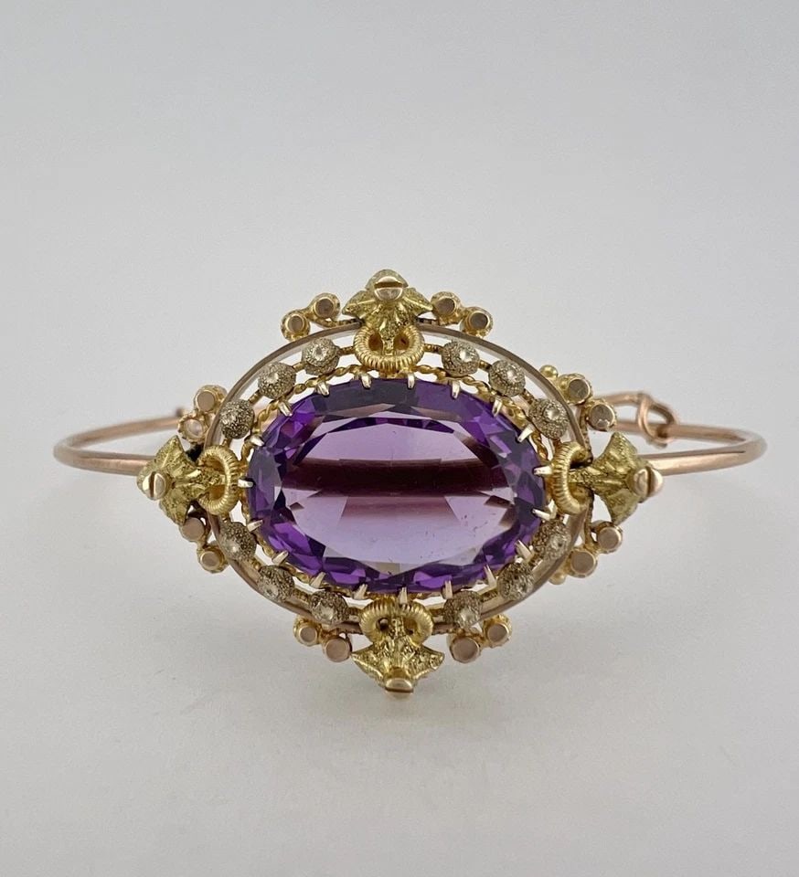 ANTIQUE VICTORIAN ETRUSCAN 14K GOLD OLD OVAL CUT AMETHYST BANGLE BRACELET 11.6G (1 of 2)
