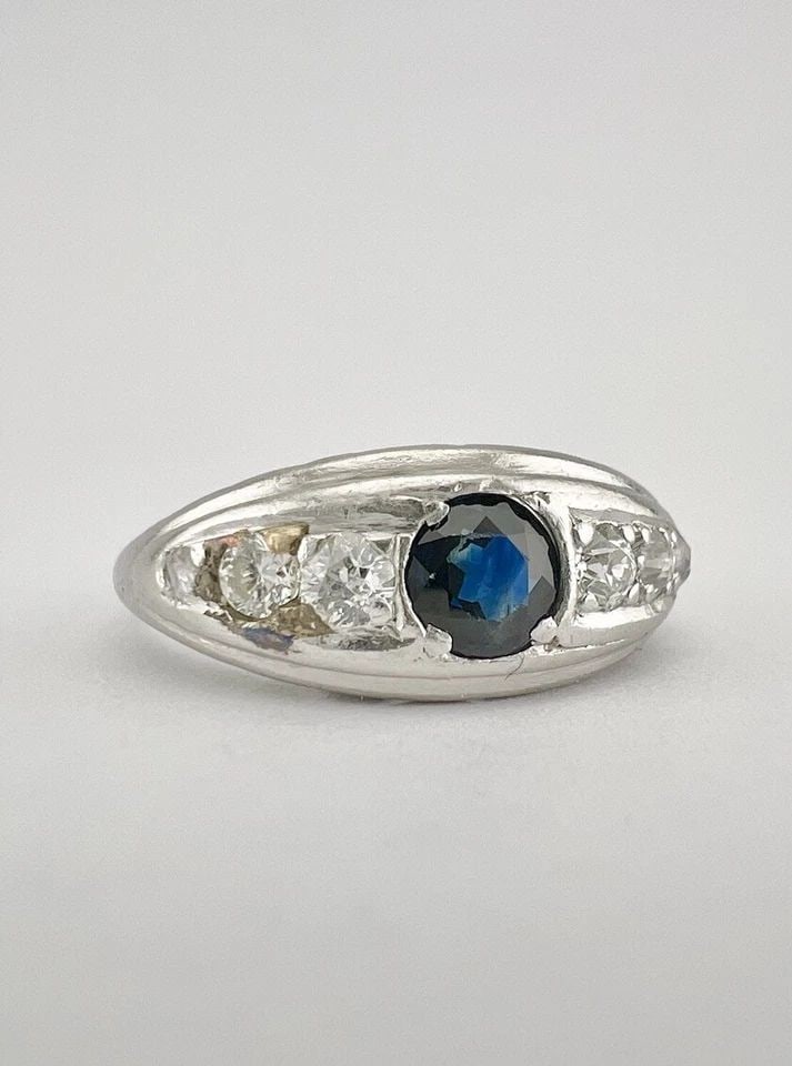 ANTIQUE ART DECO 900 PLATINUM OLD EUROPEAN CUT DIAMOND & SAPPHIRE GYPSY RING: ANTIQUE ART DECO 900 PLATINUM OLD EUROPEAN CUT DIAMOND & SAPPHIRE GYPSY RING Antique Art Deco 900 Platinum Old European Cut Diamond & Sapphire Gypsy RingMetal: 90% - 900 - Platinum - Hallmarked & Test