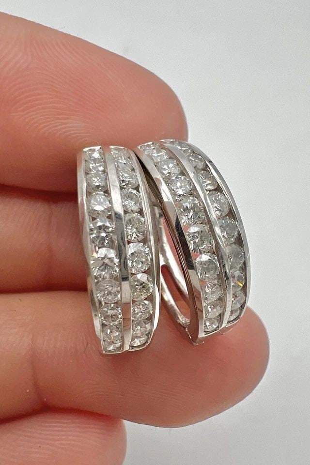 DESIGNER 14K WHITE GOLD 1.50CT APPROX. CHANNEL SET DIAMOND POST HOOP EARRINGS (1 of 2)