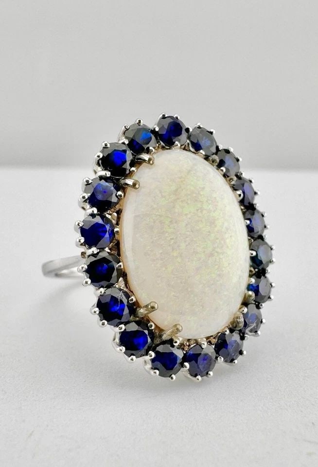 DESIGNER 18K WHITE GOLD NATURAL AUSTRALIAN FIRE OPAL & BLUE SAPPHIRE HALO RING (1 of 2)