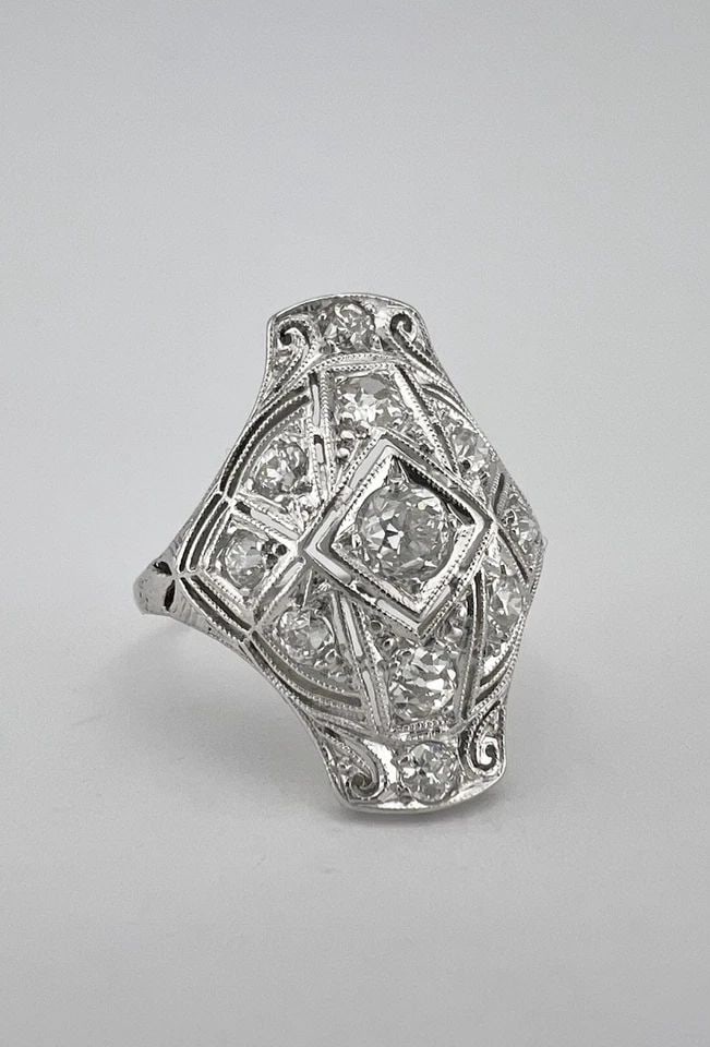 ANTIQUE ART DECO PLATINUM & OLD MINE CUT DIAMOND ENGRAVED FILIGREE RING: ANTIQUE ART DECO PLATINUM & OLD MINE CUT DIAMOND ENGRAVED FILIGREE RING Antique Art Deco Platinum & Old Mine Cut Diamond Engraved Filigree Ring Ring Size: 7.5 - Can Be Sized Without Damaging Weight is