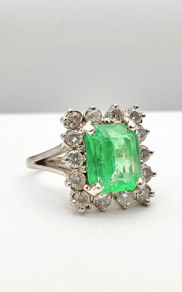 FINE 14K WHITE GOLD NATURAL 2.00CT COLUMBIAN EMERALD & .42CT DIAMOND HALLO RING (1 of 2)