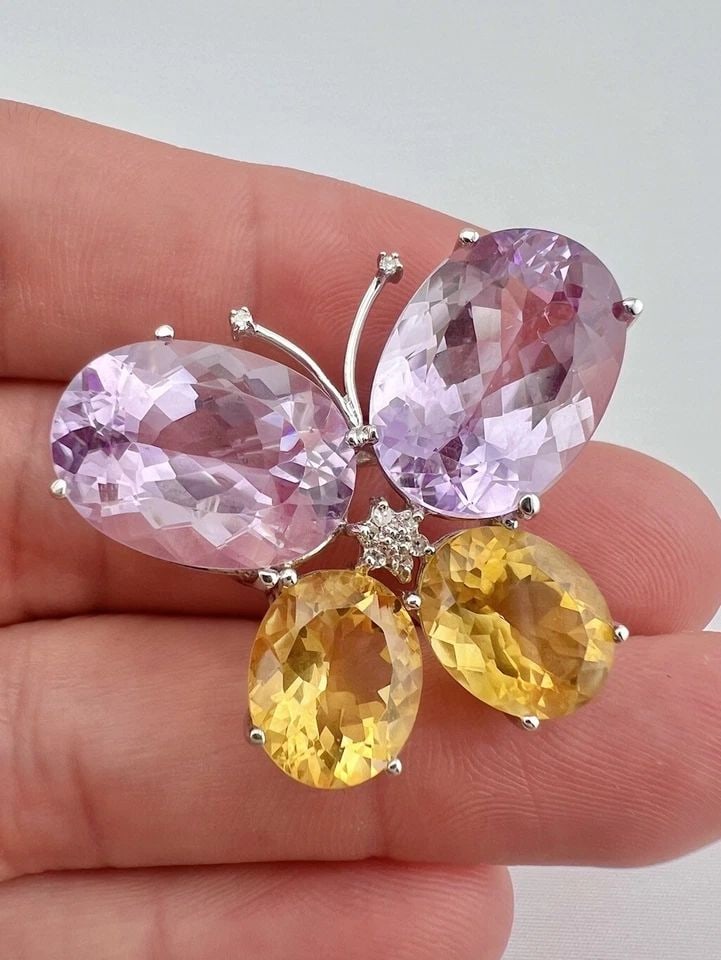 JOHN C RINKER 14K WHITE GOLD KUNZITE? & CITRINE & DIAMOND BUTTERFLY PIN BROOCH: JOHN C RINKER 14K WHITE GOLD KUNZITE? & CITRINE & DIAMOND BUTTERFLY PIN BROOCH John C Rinker 14K White Gold Kunzite? & Citrine & Diamond Butterfly Pin BroochSize: Just Under 1 1/2" Wide By 1 1/4" Tall