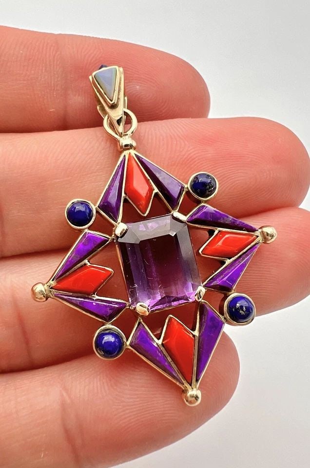 MODERNIST NAVAJO 14K YELLOW GOLD SUGILITE FIRE OPAL LAPIS AMETHYST CORAL PENDANT (1 of 2)