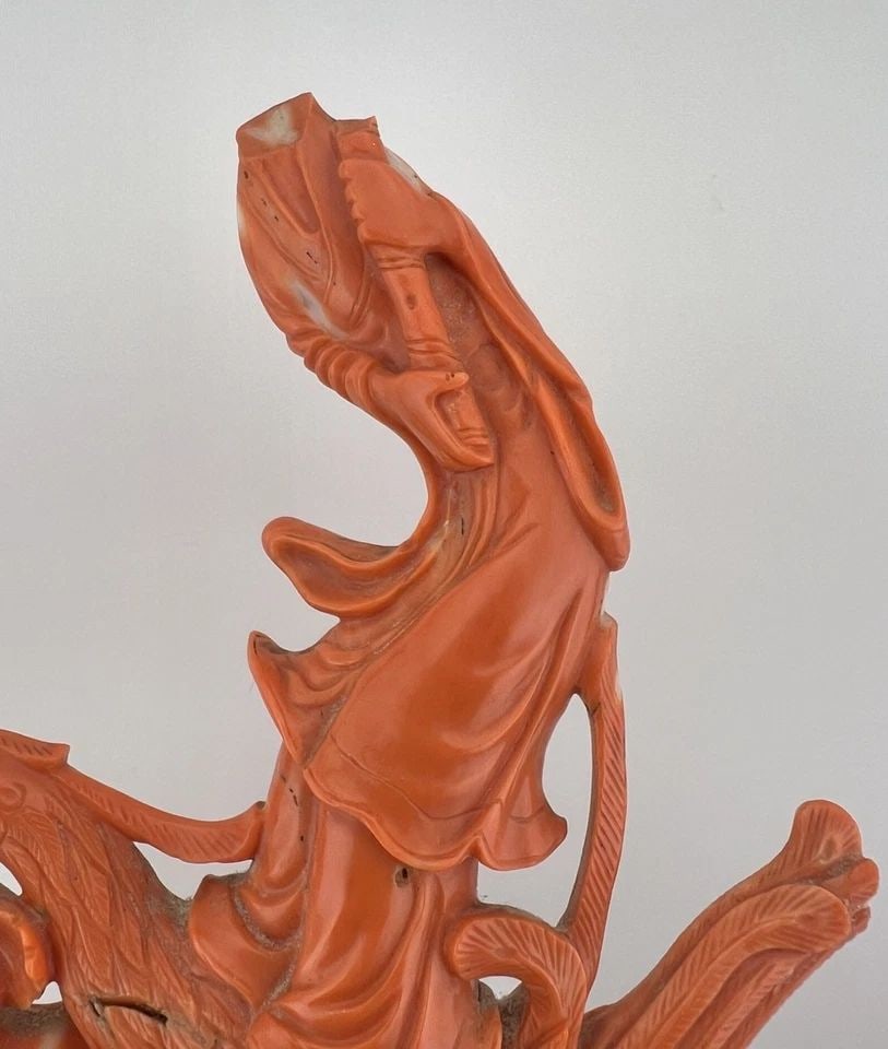 ANTIQUE QING DYNASTY CHINESE CORAL CARVED LADY GOD & PHOENIX FENGHUANG STATUE 5" (1 of 2)