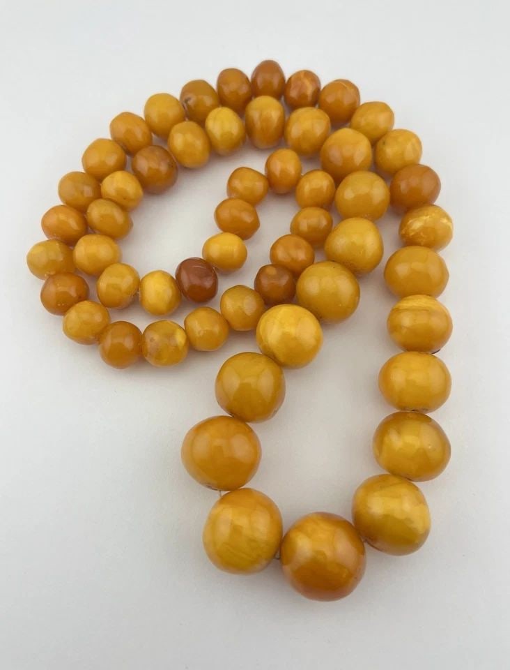 145G - ANTIQUE BUTTERSCOTCH EGG YOLK BALTIC AMBER SWIRL ROUND BEAD NECKLACE 30" (1 of 2)