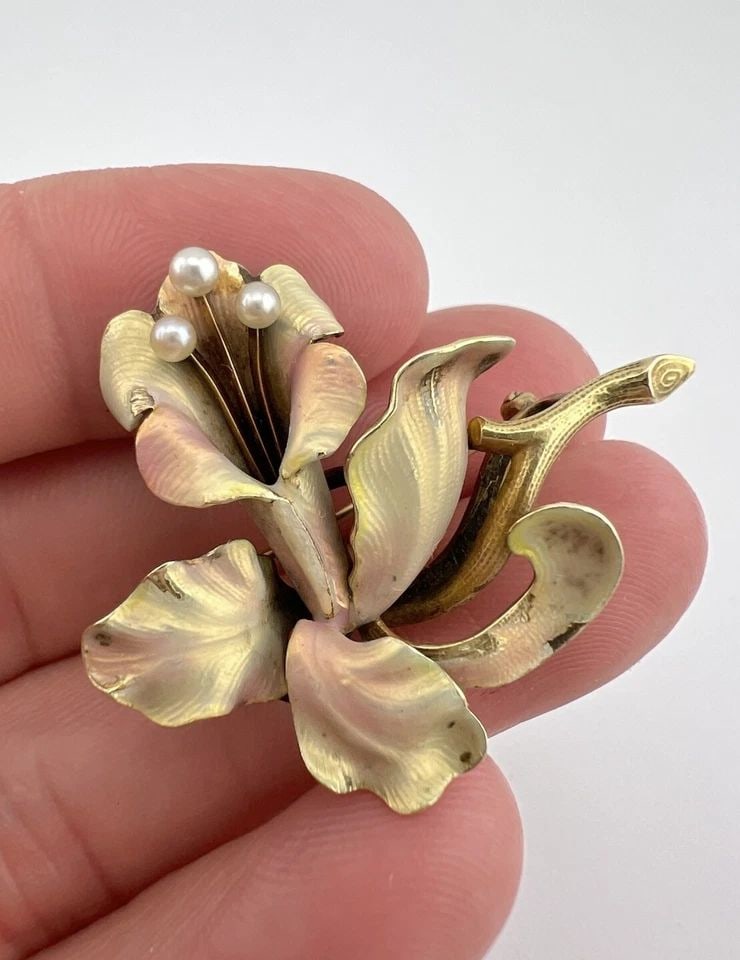 ANTIQUE ART NOUVEAU 14K YELLOW GOLD SEED PEARL ENAMEL IRIS FLOWER BROOCH 11.2G: ANTIQUE ART NOUVEAU 14K YELLOW GOLD SEED PEARL ENAMEL IRIS FLOWER BROOCH 11.2G Antique Art Nouveau 14k Yellow Gold Seed Pearl Enamel Iris Flower Brooch 11.2g Size: Over 1 1/4" Wide By 1 5/8" Tall Meta
