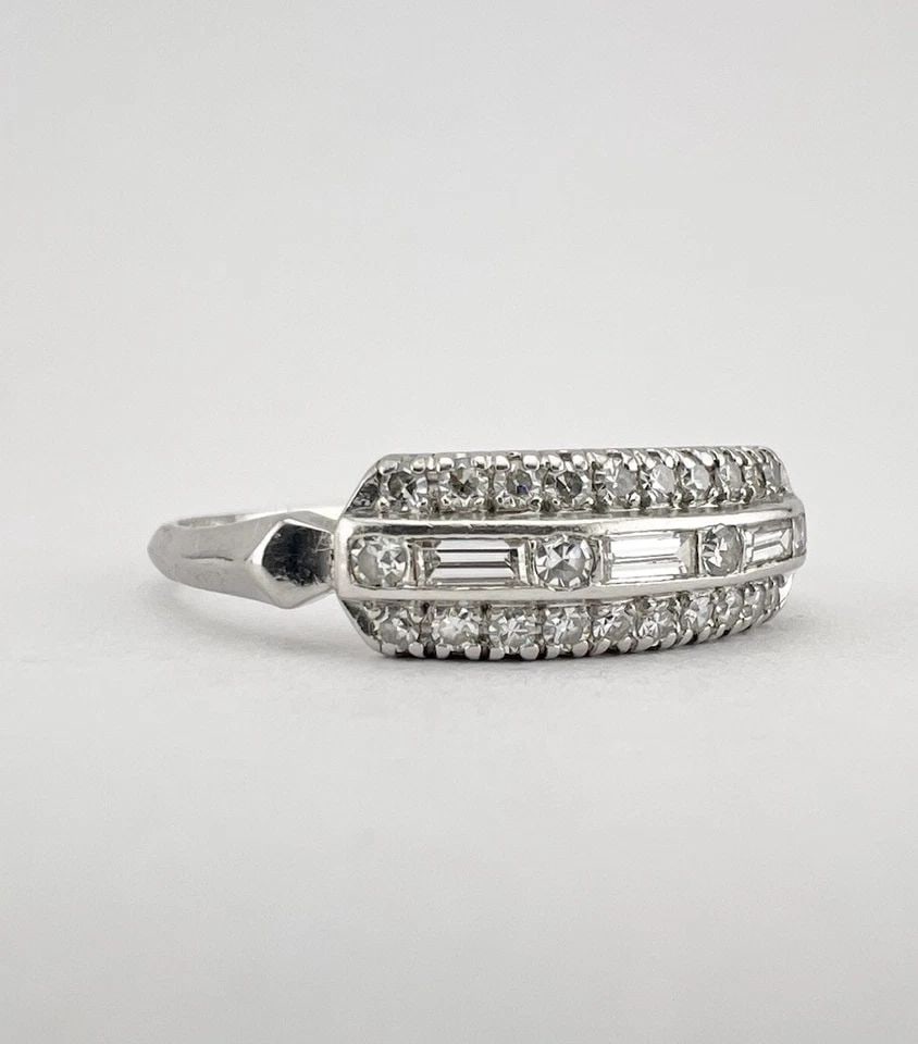ANTIQUE ART DECO PLATINUM VS .50TCW OLD CUT ROUND & BAGUETTE DIAMOND BAND RING: ANTIQUE ART DECO PLATINUM VS .50TCW OLD CUT ROUND & BAGUETTE DIAMOND BAND RING Antique Art Deco Platinum VS .50tcw Old Cut Round & Baguette Diamond Band RingSize: 11.5 - Can Be Re Sized Weight is 3.9 