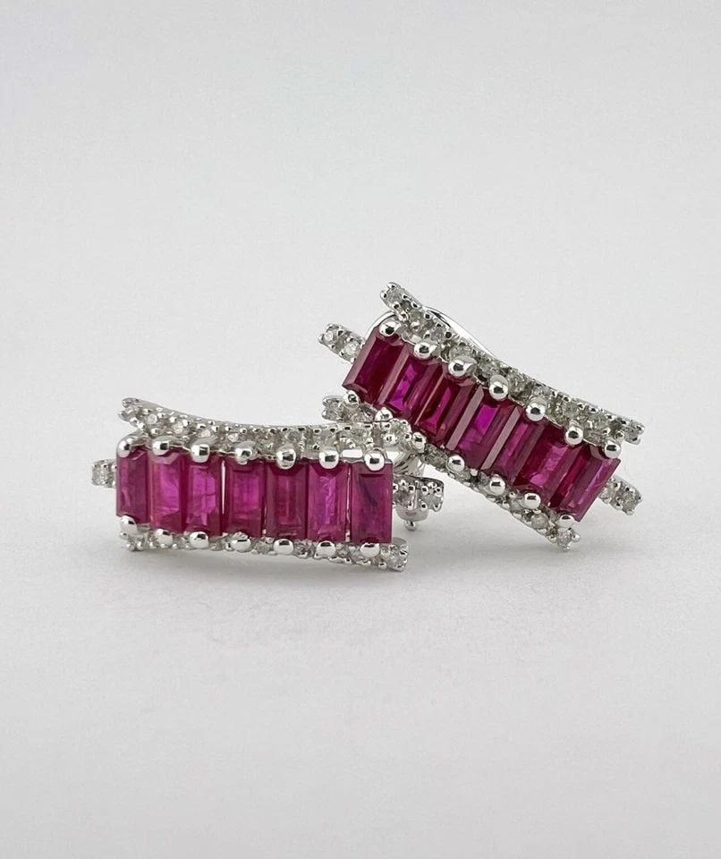 DESIGNER 14K WHITE GOLD RUBY & DIAMOND OMEGA BACK POST STUD EARRINGS (1 of 2)