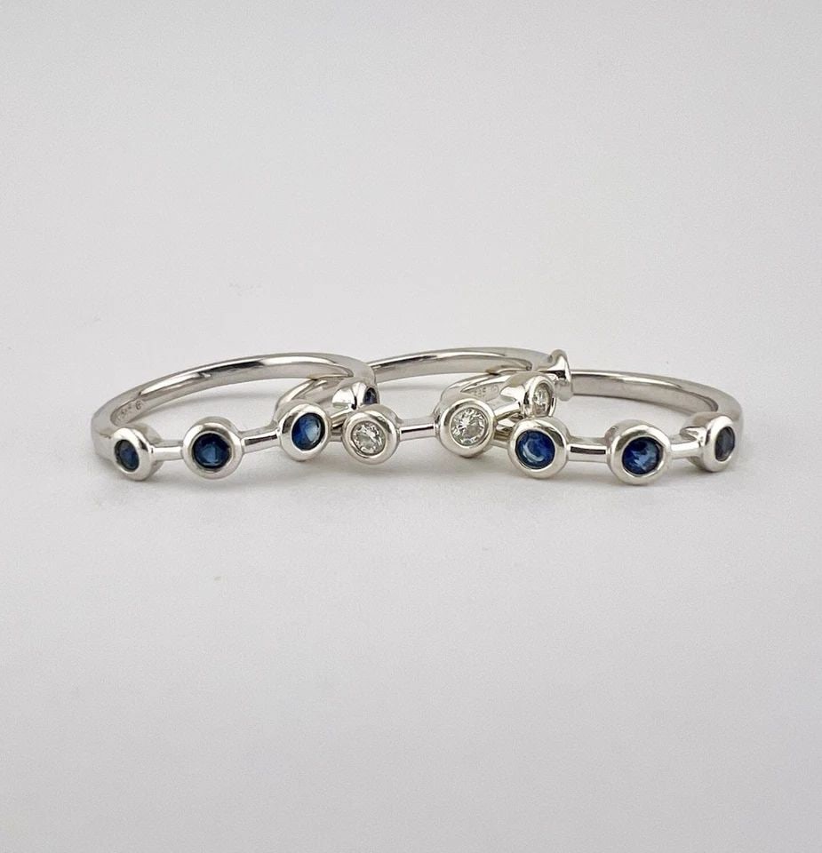 3 - DESIGNER 14K WHITE GOLD NATURAL SAPPHIRE & DIAMOND STACKING STACK BAND RING (1 of 2)