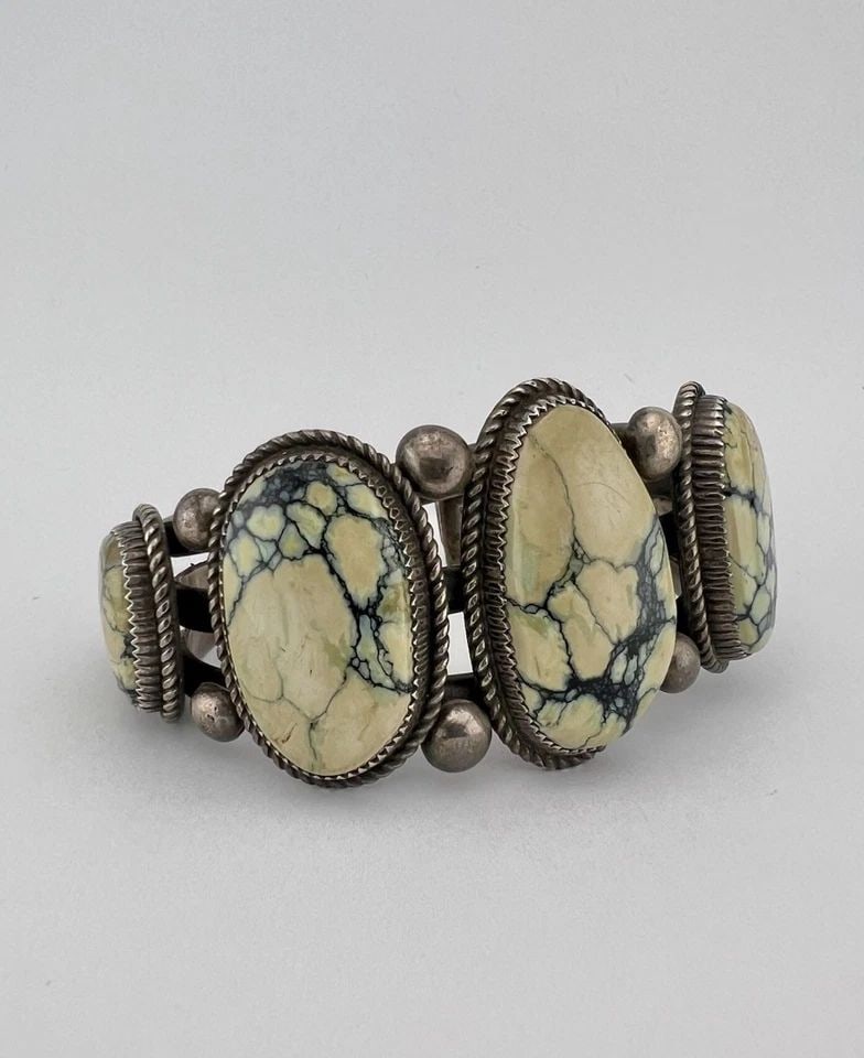 LOREN THOMAS BEGAY NAVAJO STERLING SILVER DAMELE TURQUOISE CUFF BRACELET 129.5G: HUGE Vtg Loren Thomas Begay Navajo Sterling Silver Webbed Damele Variscite Turquoise Cuff Bracelet 129.5g Cuff is 6 1/8" tip to Tip and has a 1 1/8" Wide Slightly Adjustable Gap Cuff Is 1 5/8" Wide In