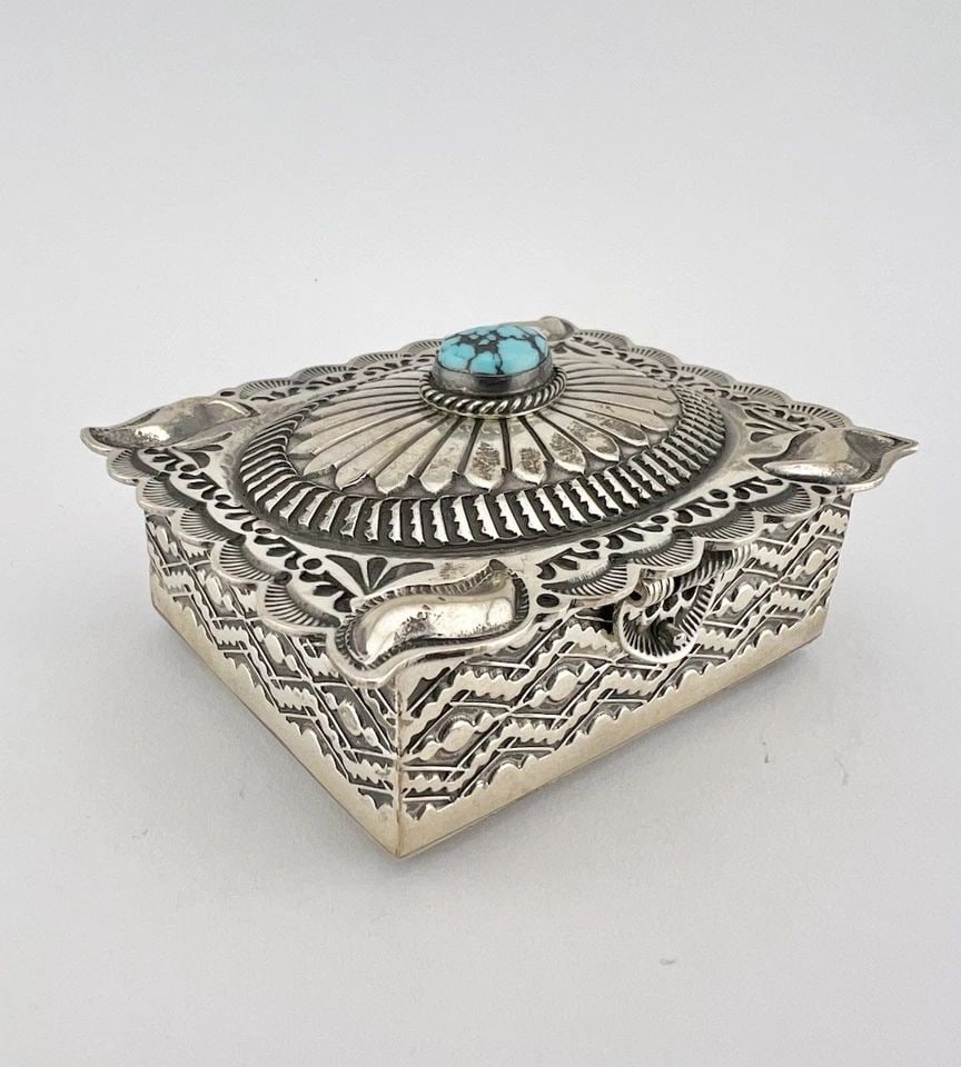VTG NAVAJO SUNSHINE REEVES STERLING SILVER SPIDERWEB TURQUOISE STAMPED BOX #2 (1 of 2)