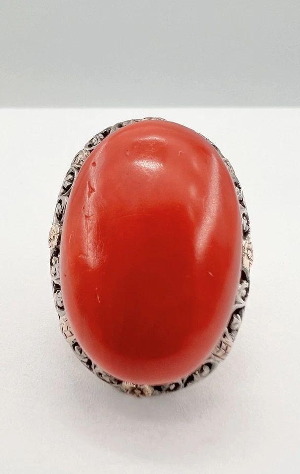 ANTIQUE VICTORIAN 14K GOLD SILVER OX BLOOD MEDITERRANEAN CORAL FLOWER RING 11.5G: ANTIQUE VICTORIAN 14K GOLD SILVER OX BLOOD MEDITERRANEAN CORAL FLOWER RING 11.5G Antique Victorian 14k Gold & Silver Ox Blood Mediterranean Coral Flower Ring 11.5g Size: 5.75 - Can be Resized Weight i